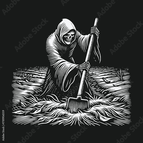 Macabre black and white illustration of the Grim Reaper digging.