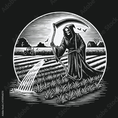 Surreal illustration of the Grim Reaper farming a field.