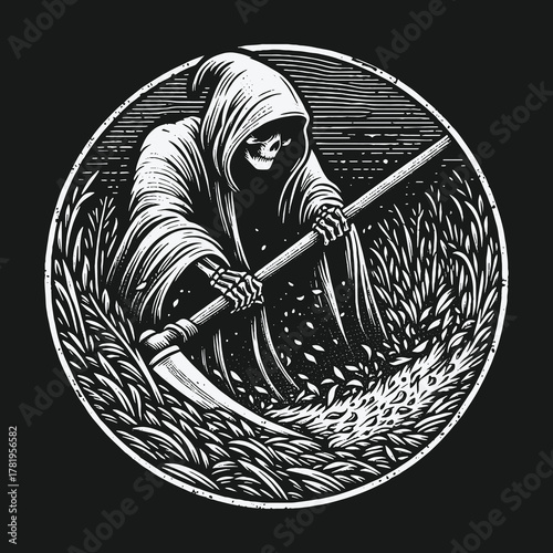 Vintage style Grim Reaper with scythe in a field illustration.