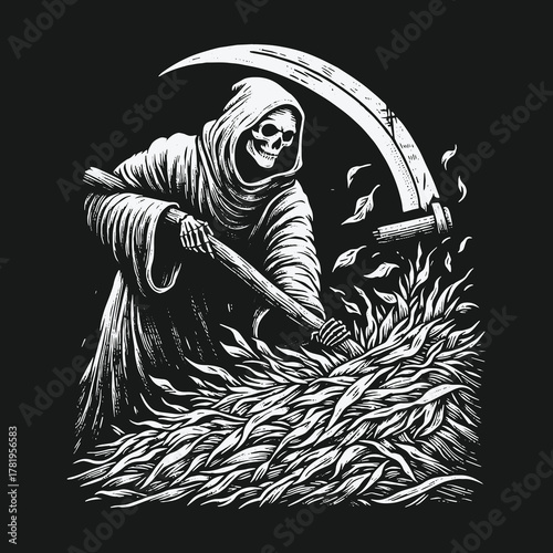 Monochrome Illustration of the Grim Reaper Harvesting with a Scythe.
