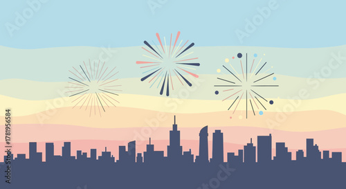 Simple Graphic Fireworks Display Over City Skyline Illustration Design