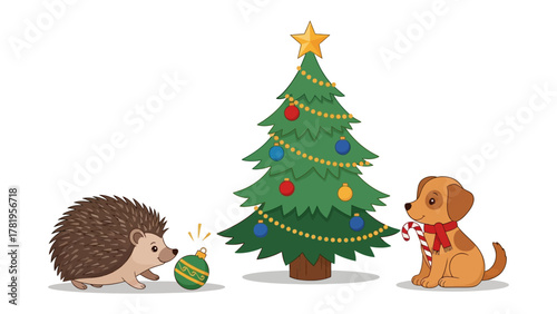 Christmas Tree and Festive Friends: A delightful Christmas scene unfolds, featuring a decorated Christmas tree with cheerful decorations, a hedgehog playfully interacting with an ornament.