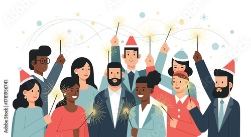 Flat Illustration Group of Diverse People Celebrating New Year with Sparklers
