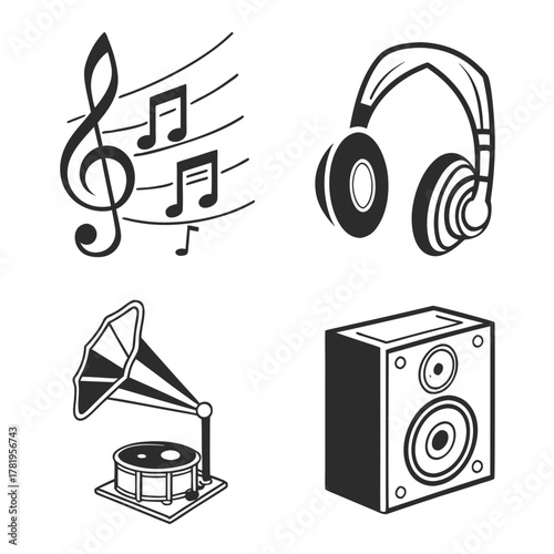 Collection of music icons including a treble clef with notes headphones gramophone and speaker