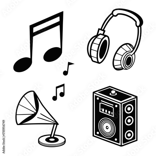 Collection of music icons including notes headphones speaker and gramophone