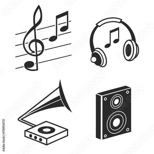 Collection of music icons including notes headphones gramophone and speaker