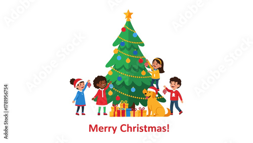 Festive Cheer: A merry scene unfolds as children and a friendly canine gather around a Christmas tree, radiating joy and festive spirit.