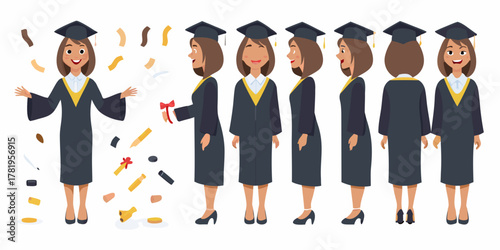 Happy young woman in graduation gown and cap shown from multiple angles with confetti and diploma