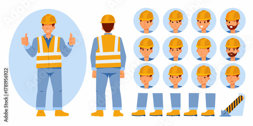 Construction worker character kit with front and back view and various facial expressions and body parts