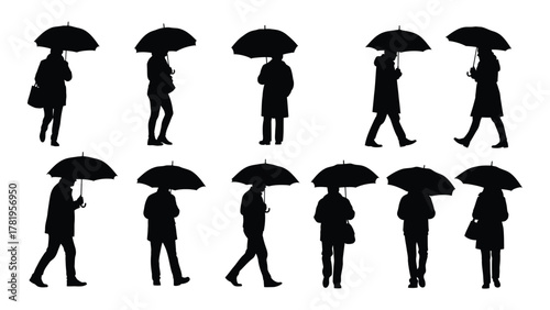 Silhouettes of people with umbrellas isolated on white background, Vector