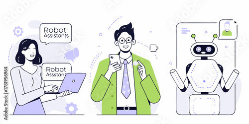 Diverse people interacting with robot assistants for communication and support in modern technology concepts