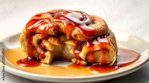 Dripping Caramel Sauce on Soft Cinnamon Bun, Freshly Baked Sweet Pastry