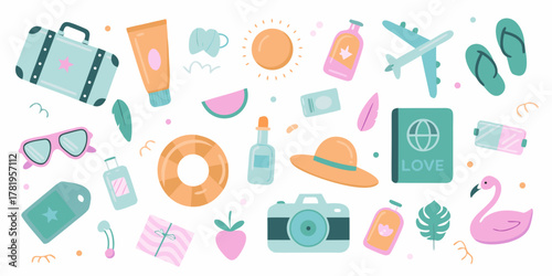 Collection of cute flat design travel and summer vacation icons and illustrations