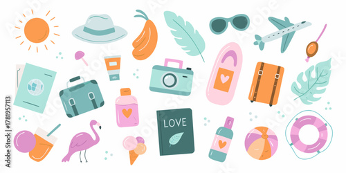 Collection of cute travel and vacation essentials with a summer theme