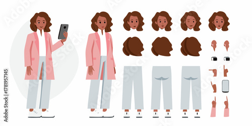 Flat design character creation kit with multiple expressions and accessories for a young woman