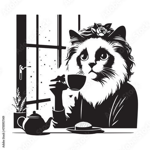 Cat enjoying tea by the window a moment of contemplation.