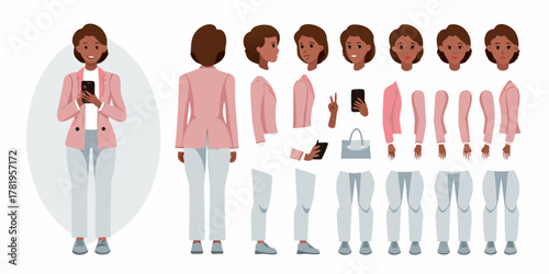 Businesswoman character kit with multiple poses facial expressions and body parts for animation