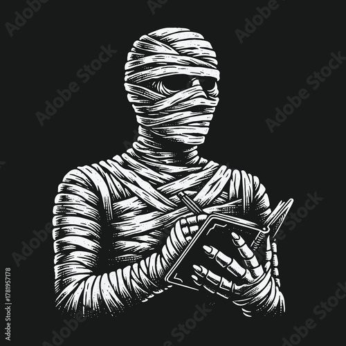 Ancient Egyptian mummy character writing in a book.