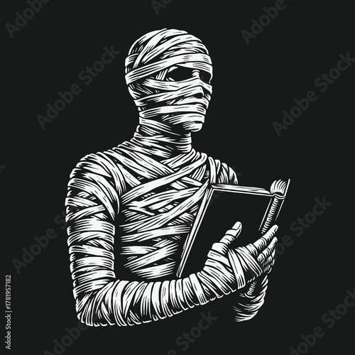 Ancient Egyptian Mummy Wrapped in Bandages Reading a Book.