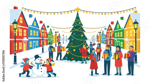 Winter Wonderland Gathering: Capturing the essence of a festive winter scene, people gather around a grand decorated Christmas tree. The atmosphere is filled with warmth, camaraderie.