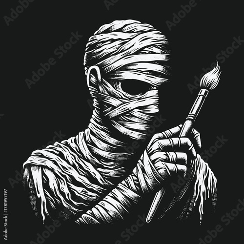 Monochrome illustration of a bandaged artist holding a paintbrush.