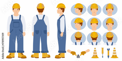 Construction worker character set with multiple views tools and safety equipment for design projects