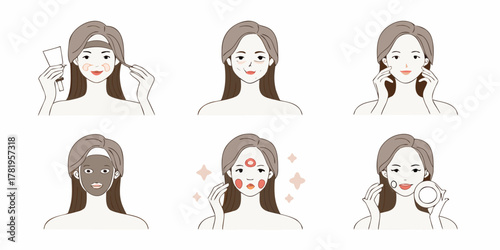 Woman s skincare routine steps illustrated with six different facial treatments and applications
