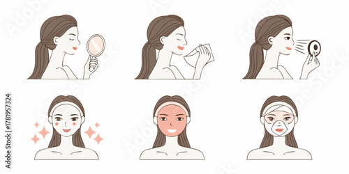 Woman s skincare routine steps including applying mask and checking reflection in mirror