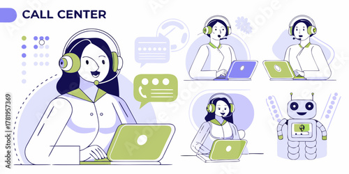 Diverse call center team with human agents and robot assistant providing customer support