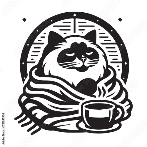 Cozy Cat Enjoying Coffee Wrapped in a Blanket.