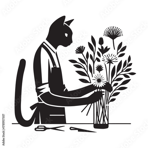 Cat Florist Arranging Flowers in Vase with Scissors and Knife.
