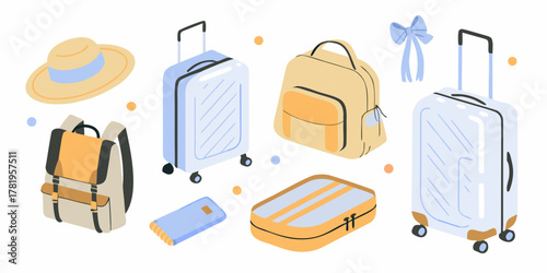 Collection of travel essentials including suitcases backpacks hat and travel accessories in a flat isometric style