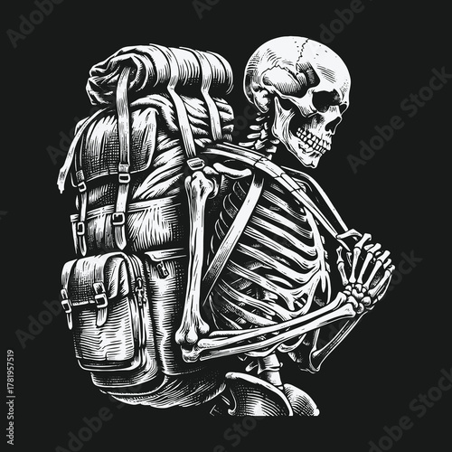 Adventurous skeleton traveler with a backpack on a journey.