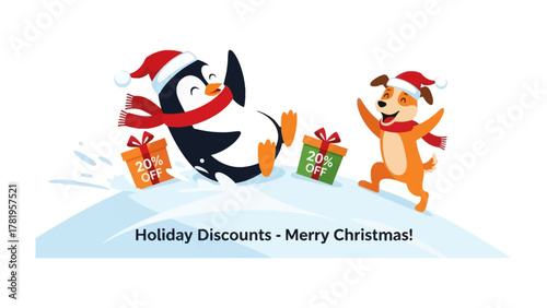 Festive Cheer: A playful cartoon depicts a joyful penguin and a delighted puppy, both adorned in holiday attire, celebrating a winter discount amidst gift boxes.