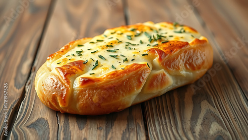 Freshly Baked Cheesy Garlic Bread Loaf with Herbs on Rustic Wooden Table