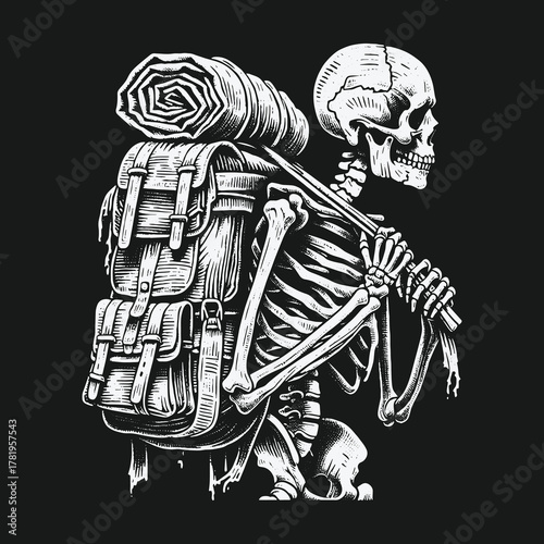 Monochrome illustration of a skeleton hiker with a backpack.