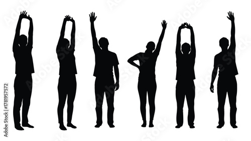 Silhouettes of people with raised arms isolated on white background, Vector