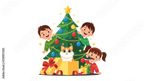 Christmas Joy: A vibrant illustration of children and a cat gathering around a beautifully adorned Christmas tree, surrounded by wrapped gifts, evoking warmth and festive cheer.