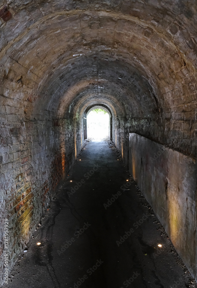 Fototapeta premium Dark Brick Arched Tunnel Entrance with Light at End and Floor Spotlights