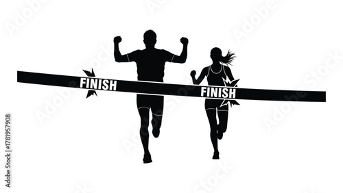 Runners crossing finish line silhouette isolated on white background, Vector