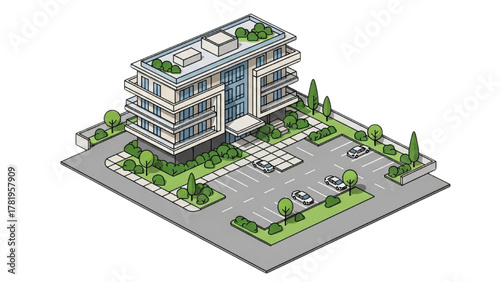Isometric vector illustration of a modern office building with an adjacent parking lot and landscaping