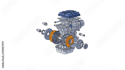 Exploded view illustration of a modern internal combustion engine with a CVT system