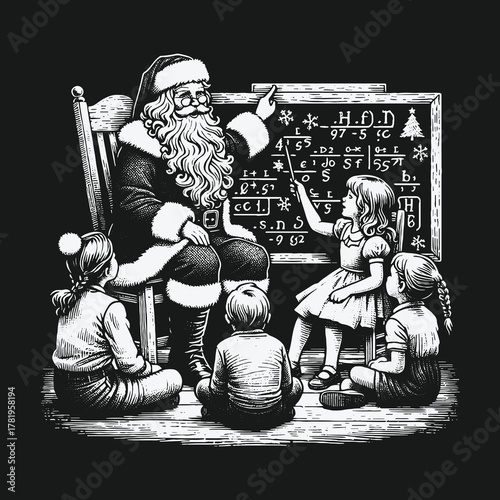 Santa Claus Teaching Children Christmas Lessons on a Chalkboard.