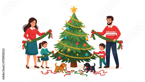 Family's Holiday Tradition: A family decorates their Christmas tree with ornaments, lights, and garland, creating a joyful holiday atmosphere. Capturing family bonds and celebration