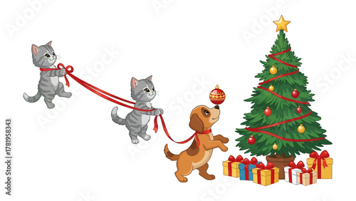 Festive Companions: A charming trio of a kitten and dog decorate the Christmas tree with ornaments and gifts, creating a merry scene filled with holiday cheer.