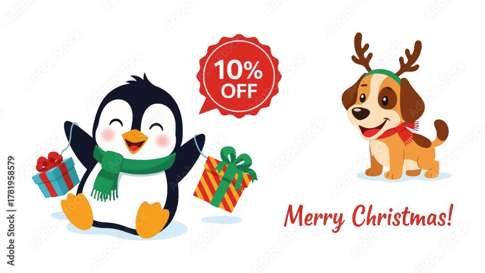 Fototapeta premium Festive Cheer: A cheerful penguin and puppy, adorned with holiday accessories, and a vibrant 10% OFF offer, embodying the season's joy and festive cheer.