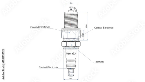 Technical blueprint illustration of an internal combustion engine spark plug design