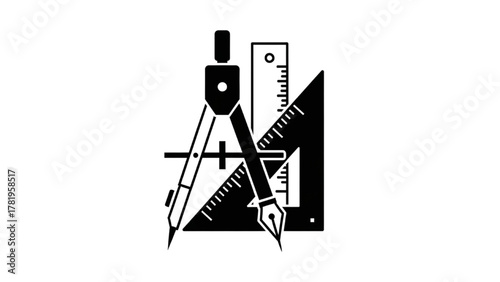 Architectural drafting tools compass, ruler, and pen symbol
