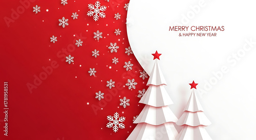 Merry christmas and happy new year greeting card with paper christmas trees