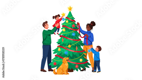 Joyful Tree Decoration: A family, filled with happiness, joins together to decorate a vibrant Christmas tree with colorful ornaments and garlands.